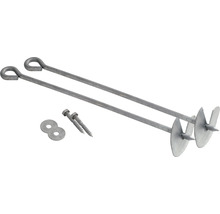 Zwei Erdschraubenanker aus Metall mit Schrauben und Unterlegscheiben