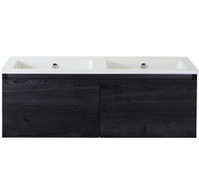 Waschtischunterschrank mit zwei Waschbecken und dunkler Holzoptik