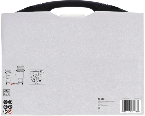 Bosch Verpackungsrückseite mit Angaben zu Bohrerdurchmesser und Winkel
