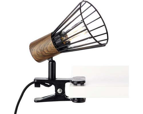 Lampe de bureau à pince métal et plastique 1 ampoule hxlxp 180x80x140 mm Manama couleurs bois foncé et noir mat avec interrupteur intermédiaire à cordon