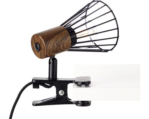 Klemmleuchte mit Holzoptik und schwarzem Metallschirm