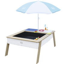 Table de jeu pour enfants avec parasol, évier et accessoires.