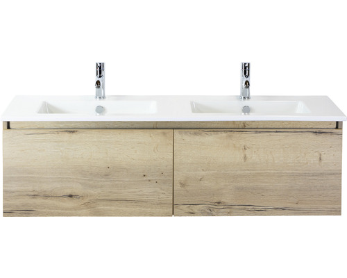 Doppelbadmöbel Sanox Frozen BxHxT 141 x 42 x 46 cm Frontfarbe eiche natur mit Waschtisch Keramik weiß 75735127 Doppelbadmöbel Sanox Frozen BxHxT 141 x 42 x 46 cm Frontfarbe eiche natur mit Waschtisch Keramik weiß 75735127