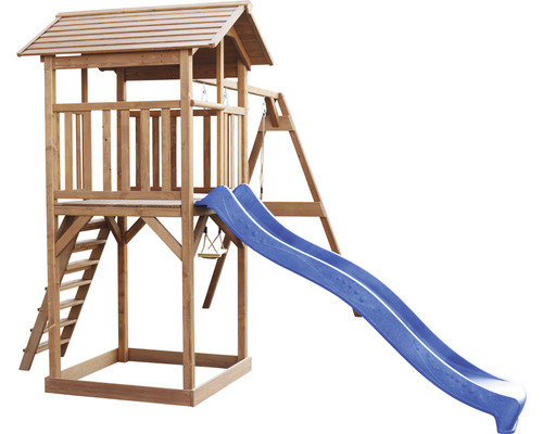 Tour de jeu en bois avec toboggan, échelle et balançoire