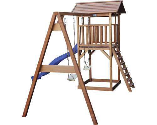 Aire de jeux en bois avec toboggan, balançoire et tour de jeux