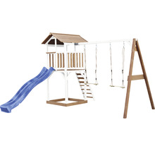 Spielturm axi Beach Tower mit Doppelschaukel Holz braun weiß Rutsche blau
