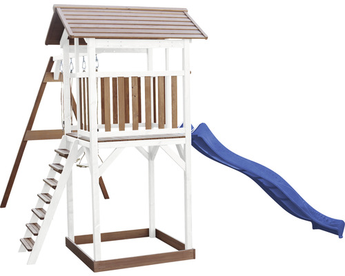 Tour de jeu axi Beach Tower avec double balançoire bois brun blanc toboggan bleu Tour de jeu avec toboggan, échelle et balançoire