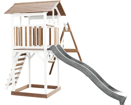 Tour de jeu axi Beach Tower avec double balançoire bois brun blanc toboggan gris Tour de jeux avec toboggan et balançoire en bois