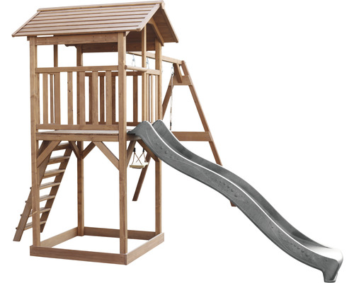 Tour de jeu en bois avec toboggan, échelle et balançoire
