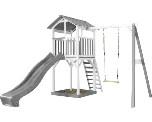 Spielturm mit Rutsche, Schaukel und Sandkasten