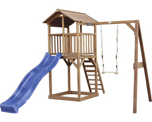 Spielturm mit Rutsche und Schaukel aus Holz