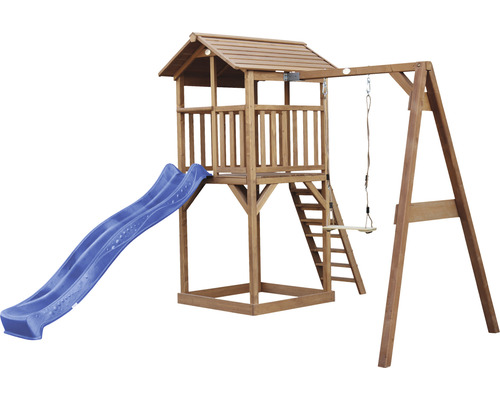 Tour de jeux Beach Tower axi avec balançoire simple bois marron, toboggan blanc Aire de jeux en bois avec toboggan et balançoire