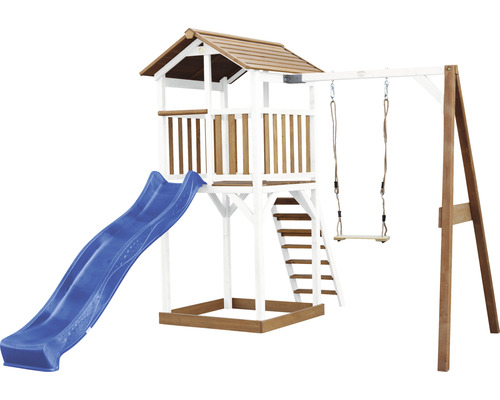Tour de jeu axi Beach Tower avec balançoire en bois brun blanc toboggan bleu Tour de jeu avec toboggan, échelle et balançoire pour le jardin