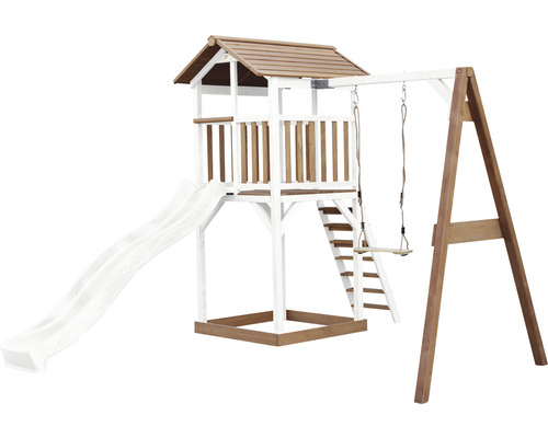 Spielturm aus Holz mit Rutsche und Schaukel