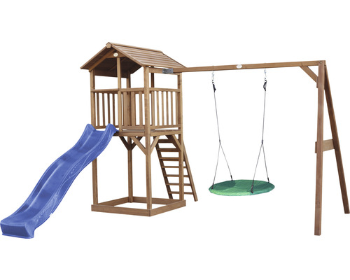 Tour de jeu axi Beach Tower avec balançoire en bois rond brun toboggan bleu Aire de jeux avec toboggan, tour et balançoire