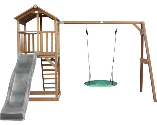 Tour de jeu axi Beach Tower avec balançoire en bois rond brun toboggan gris Tour de jeux avec toboggan et balançoire pour l''extérieur