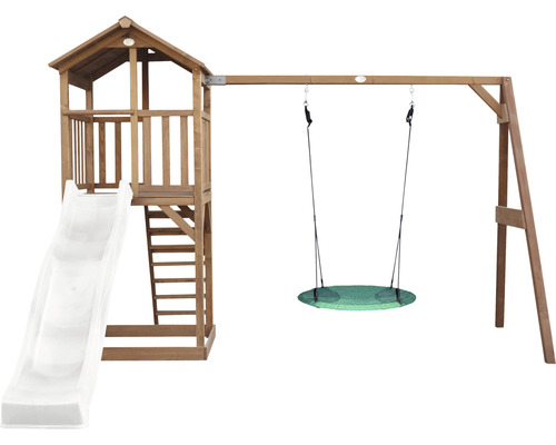 Tour de jeu axi Beach Tower avec balançoire en bois rond brun toboggan blanc Tour de jeux avec toboggan et balançoire pour le jardin