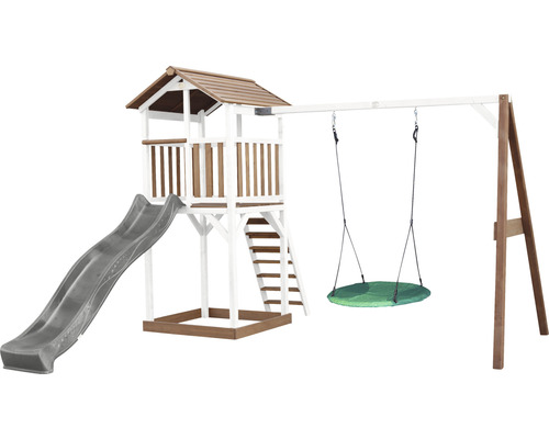 Spielturm axi Beach Tower mit Nestschaukel rund Holz braun weiß Rutsche grau Spielturm mit Rutsche und Schaukel für den Garten