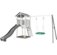 Spielturm axi Beach Tower mit Nestschaukel türkis und Rutsche grau Holz grau weiß