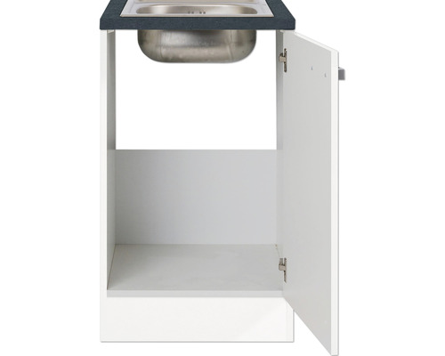 Meuble sous-lavabo avec porte ouverte et évier en acier inoxydable