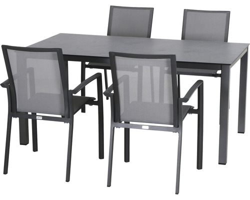 Dining-Set Siena Garden Velia SET 5-teilig Sola Loft 4 x Sessel anthrazit, 160 x 90 cm, HPL Gartentischgruppe mit rechteckigem Tisch und vier Stühlen mit Armlehnen