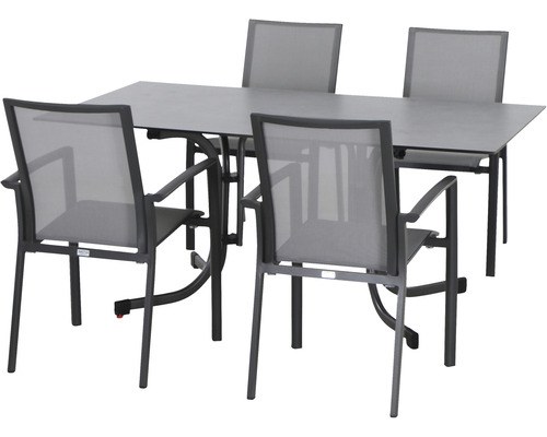 Dining-Set Siena Garden Velia SET 5-teilig Sola 160 4 x Sessel anthrazit, 160 x 90 cm, HPL Gartentisch mit vier Stühlen aus Metall und Textil