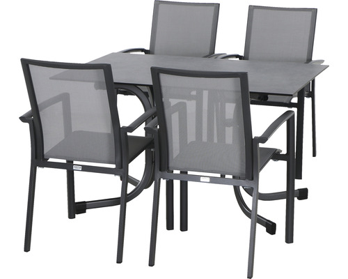 Dining-Set Siena Garden Velia SET 5-teilig Sola 140 4 x Sessel anthrazit, 140 x 90 cm, HPL Gartentisch mit vier Stühlen für den Außenbereich