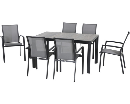 Dining-Set Velia SET 7-teilig Silva 140 6 x Sessel anthrazit, 140 x 90 cm, WG Gartentisch mit sechs Stühlen für den Außenbereich