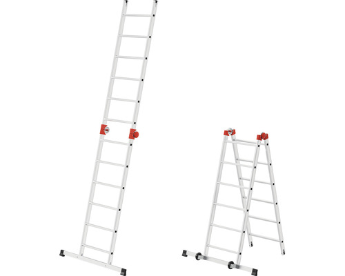 Mehrzweckleiter aus Aluminium in zwei verschiedenen Positionen
