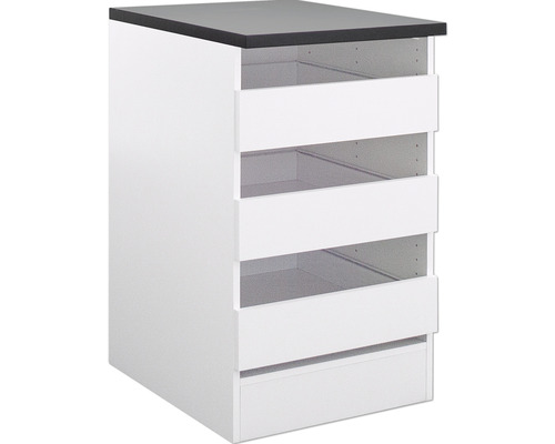 Weißer Schubladenschrank mit fünf Schubladen und dunkler Oberseite