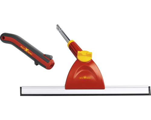 Logo Wolf Garten avec raclette à vitre et support de manche