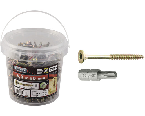 Vis universelle à tête fraisée TX 5x60 mm jaune zingué 240 pièces avec embout Vis Connex 5,0 x 60 millimètres avec embout, 240 pièces