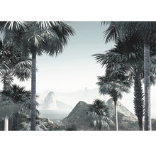 Papier peint photo avec palmiers et paysage de montagne