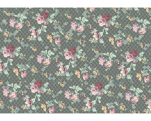 Papier peint panoramique intissé INX8-003 Ink Embellish 8 pcs. 400 x 280 cm Motif fleuri avec roses et feuilles sur fond en forme de filet