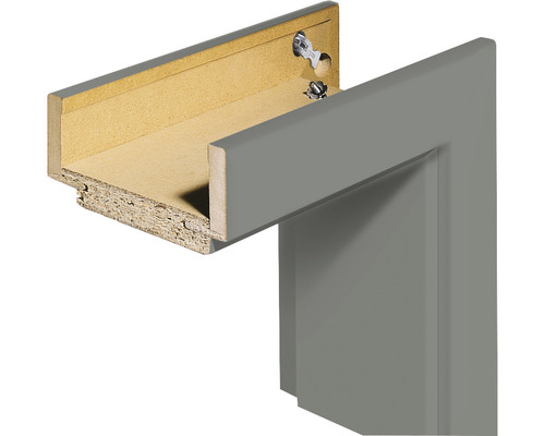 Chambranle complet Pertura laque gris noble 198,5x86x9,0 cm gauche Vue détaillée d''un cadre de porte gris avec fixations