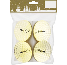 Quatre bougies chauffe-plat dans un emballage, avec une surface martelée.