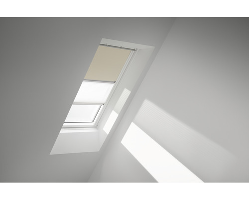 Kit éco Velux store occultant beige clair uni et store plissé blanc à commande manuelle cadre blanc DFD S10 1085SWL