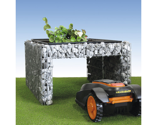 Garage pour tondeuse robot, passage bellissa 85 x 95 x 53 cm Banc en gabion avec plantes et robot tondeuse sur pelouse