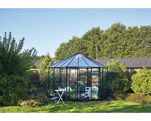 Gewächshaus Halls Atrium Glas 3 mm 375 x 375 cm schwarz Gewächshaus aus Glas mit Stahlrahmen im Garten