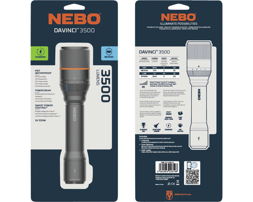 NEBO DaVinci 3500 wiederaufladbare, wasserdichte LED Taschenlampe mit Powerbank-Funktion