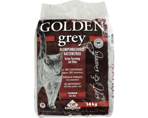 Litière pour chat Golden Grey senteur talc 14 kg Litière pour chat Golden Grey, 14 kilogrammes, agglomérante et peu poussiéreuse