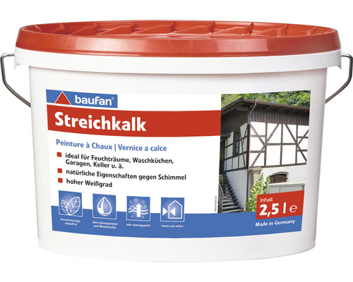 Baufan Kalkfarbe Streichkalk Mineralfarbe weiß 2,5 L Eimer Streichkalk von baufan, 2,5 Liter, geeignet für Feuchträume und Keller, gegen Schimmel