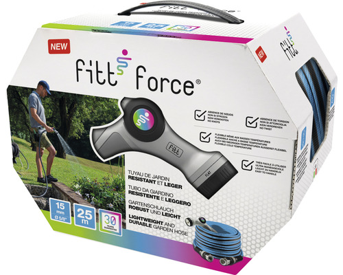 Fitt Force Gartenschlauch Verpackung mit Angaben zu Länge, Durchmesser und Garantie