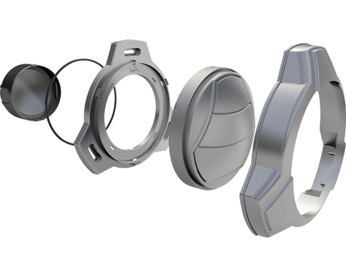 Explosionszeichnung einer runden, grauen Befestigung für ein Gerät