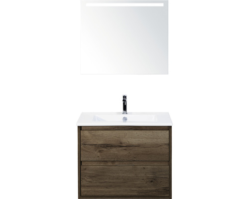 Badmöbel-Set Sanox Porto BxHxT 71 x 170 x 51 cm Frontfarbe tabacco mit Waschtisch Keramik weiß und Keramik-Waschtisch Spiegel mit LED-Beleuchtung Waschtischunterschrank