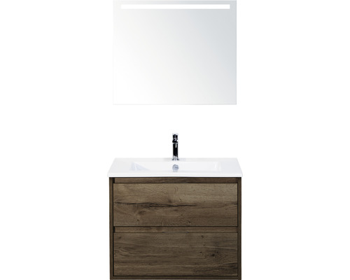 Set de meubles de salle de bains Sanox Porto lxhxp 71 x 170 x 51 cm couleur de façade tabacco avec vasque céramique blanc et vasque céramique miroir avec éclairage LED meuble sous vasque