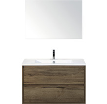 Badmöbel-Set Sanox Porto BxHxT 91 x 170 x 51 cm Frontfarbe tabacco mit Waschtisch Keramik weiß und Keramik-Waschtisch Spiegel Waschtischunterschrank