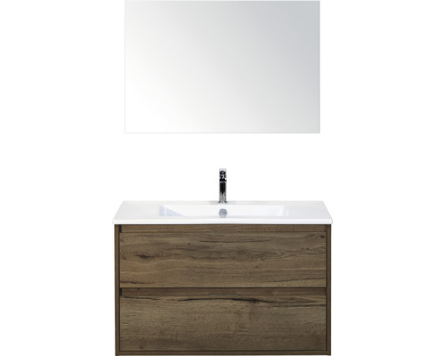Badmöbel-Set Sanox Porto BxHxT 91 x 170 x 51 cm Frontfarbe tabacco mit Waschtisch Keramik weiß und Keramik-Waschtisch Spiegel Waschtischunterschrank Waschtischkombination mit Spiegel, Waschbecken und Unterschrank