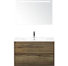 Badmöbel-Set Sanox Porto BxHxT 91 x 170 x 51 cm Frontfarbe tabacco mit Waschtisch Keramik weiß und Keramik-Waschtisch Spiegel mit LED-Beleuchtung Waschtischunterschrank-thumb-0