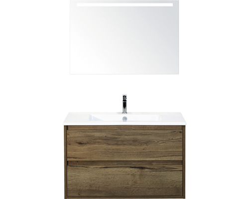 Badmöbel-Set Sanox Porto BxHxT 91 x 170 x 51 cm Frontfarbe tabacco mit Waschtisch Keramik weiß und Keramik-Waschtisch Spiegel mit LED-Beleuchtung Waschtischunterschrank-0